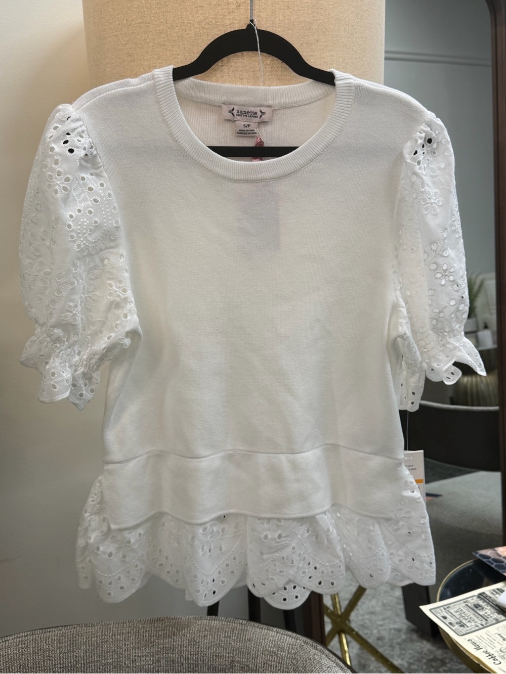 Nanette Lepore White Eyelet Puff-Sleeve Peplum Top